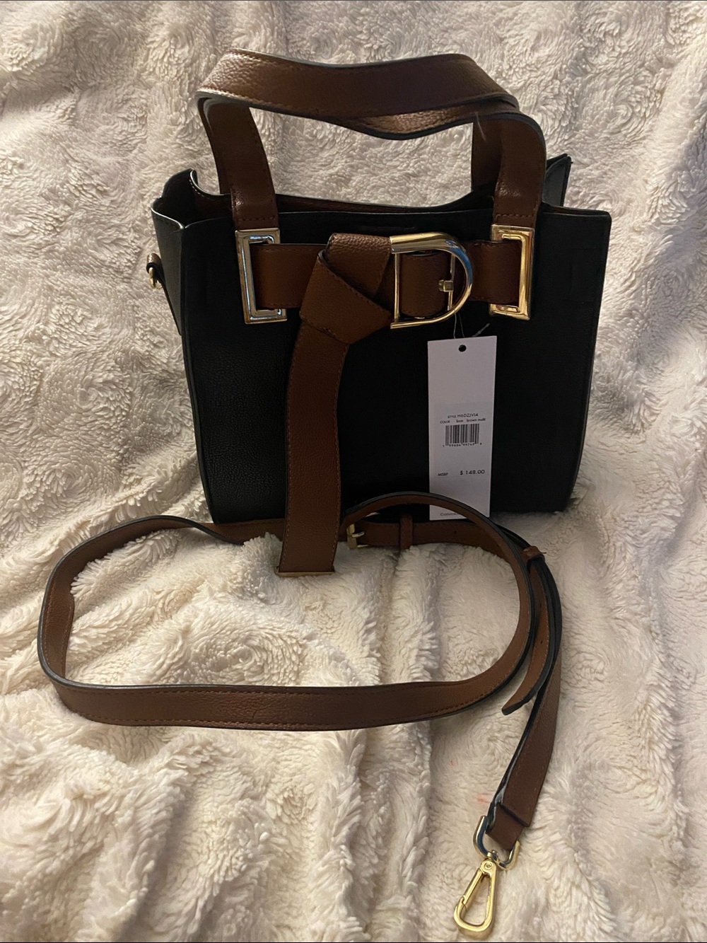 Calvin Klein Black and Brown Crossbody Tote Bag with Gold Buckle